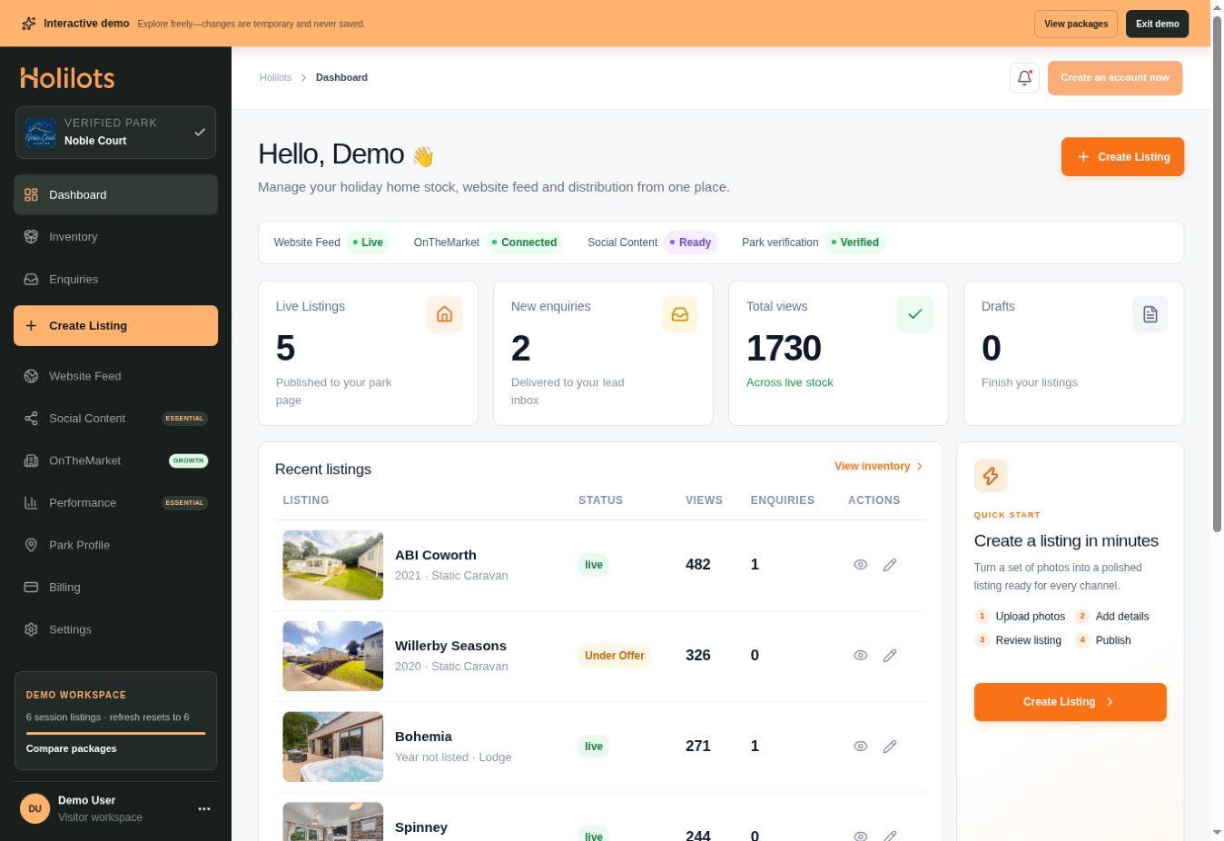 Holilots demo dashboard showing Noble Court listings, enquiries and performance
